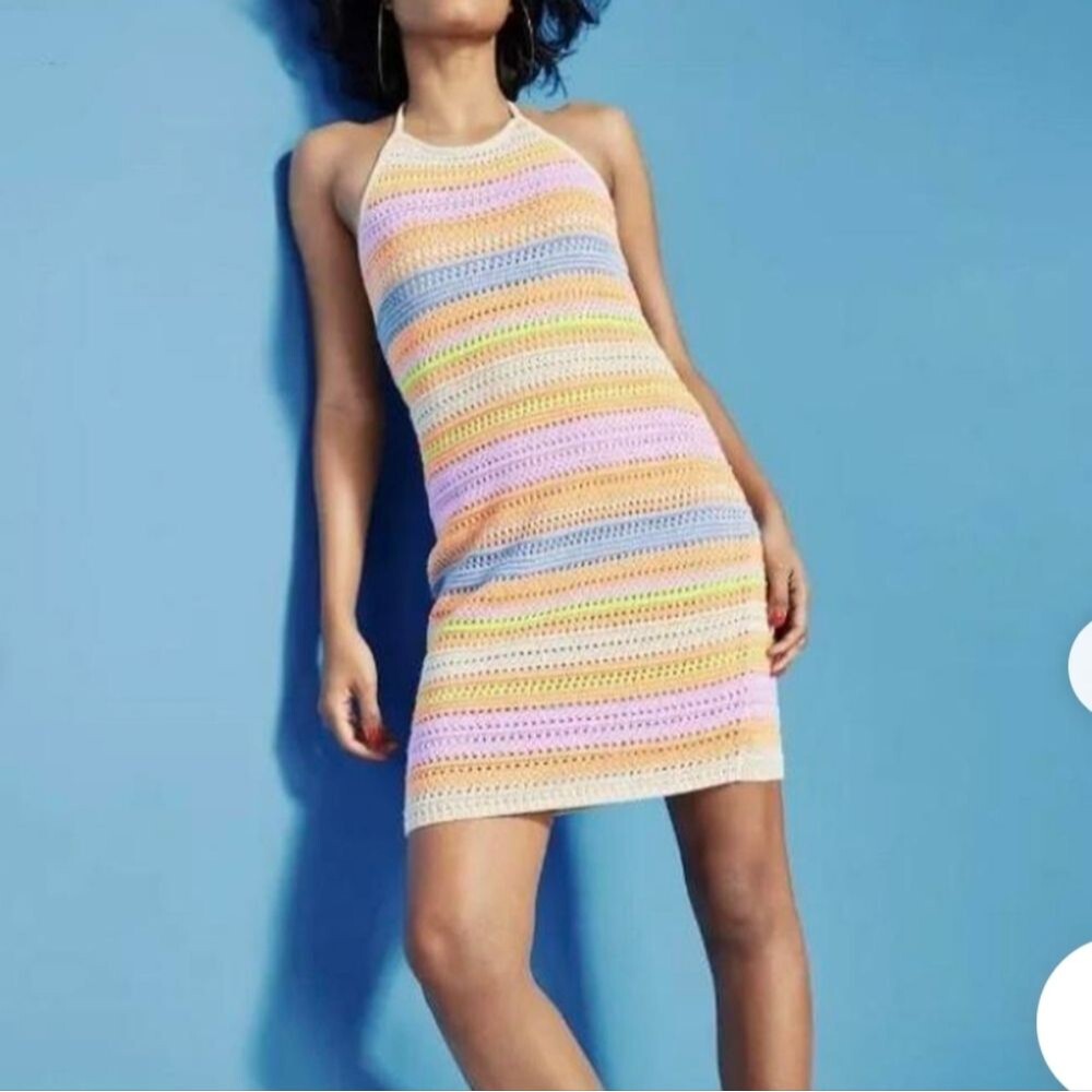 House of Harlow 1960 Crotchet Knit Halter Stripe Dress